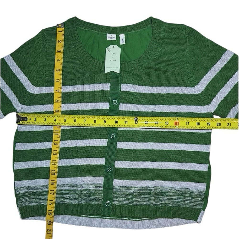 $129 Anthropologie Smooth Back Cardigan Large 10 12 Green White Striped Sweater - Picture 10 of 14